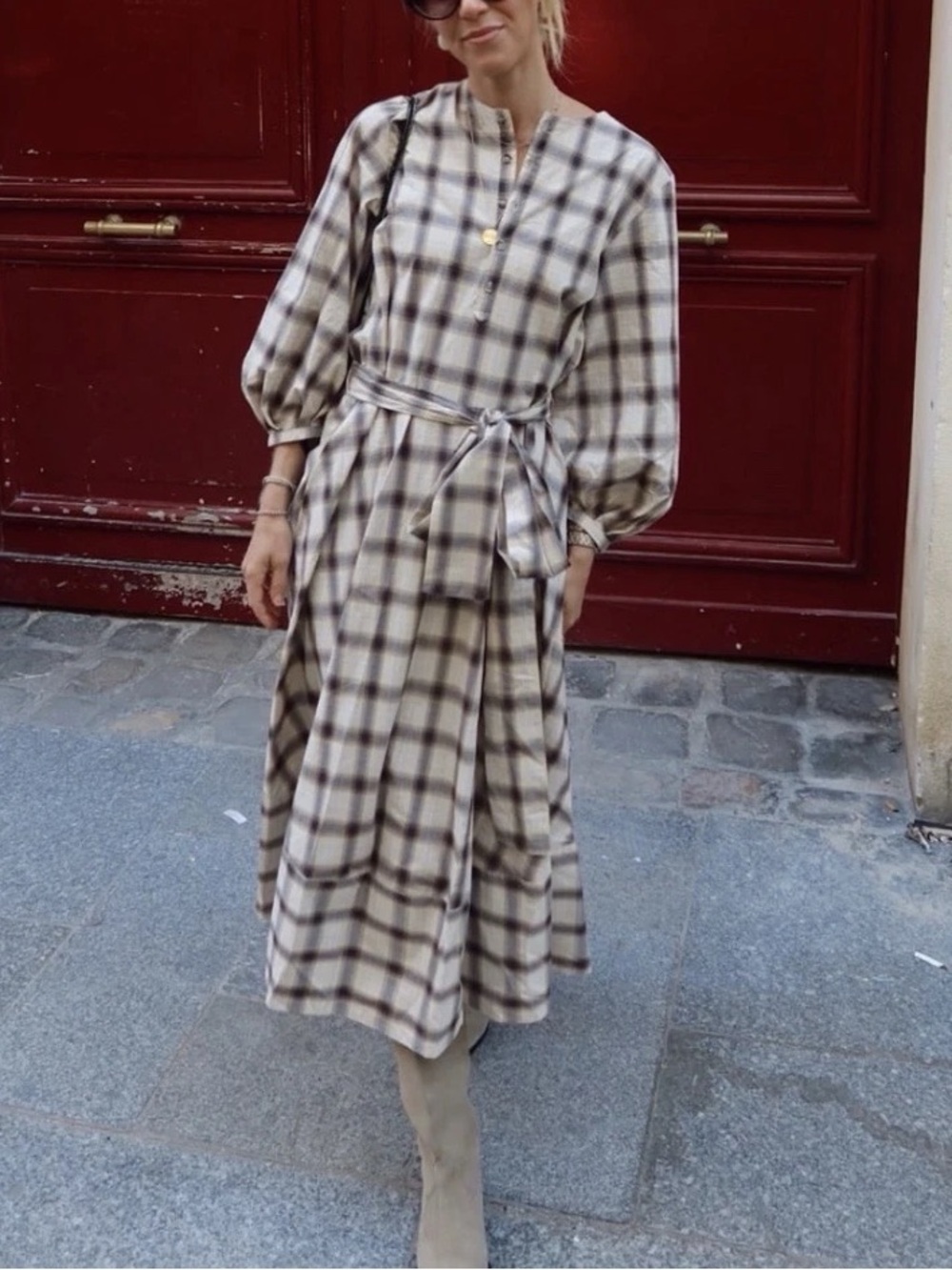 Zara ZW Collection Plaid Tie-Waist Midi Shirt Dress